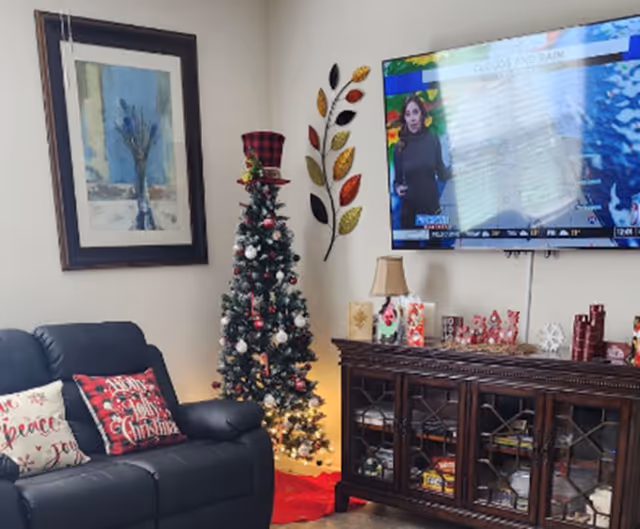 A cozy living room decorated for Christmas with a small Christmas tree adorned with ornaments and a red plaid top hat. There is a black leather couch with festive pillows, a framed painting on the wall, and a wooden cabinet with glass doors holding various items. A flat-screen TV mounted on the wall displays a weather forecast. The room has a warm and inviting atmosphere.