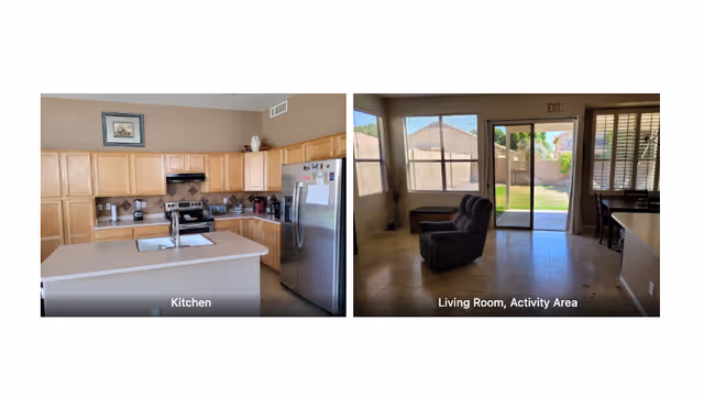 Two side-by-side images showing interior areas of a senior living facility named Vintage Hills. The left image shows a kitchen with light wood cabinets, a stainless steel refrigerator, an island with a sink, and a stove with a range hood. The right image shows a living room or activity area with a recliner chair, large windows, a glass door leading outside to a fenced yard, and a dining table partially visible on the right.