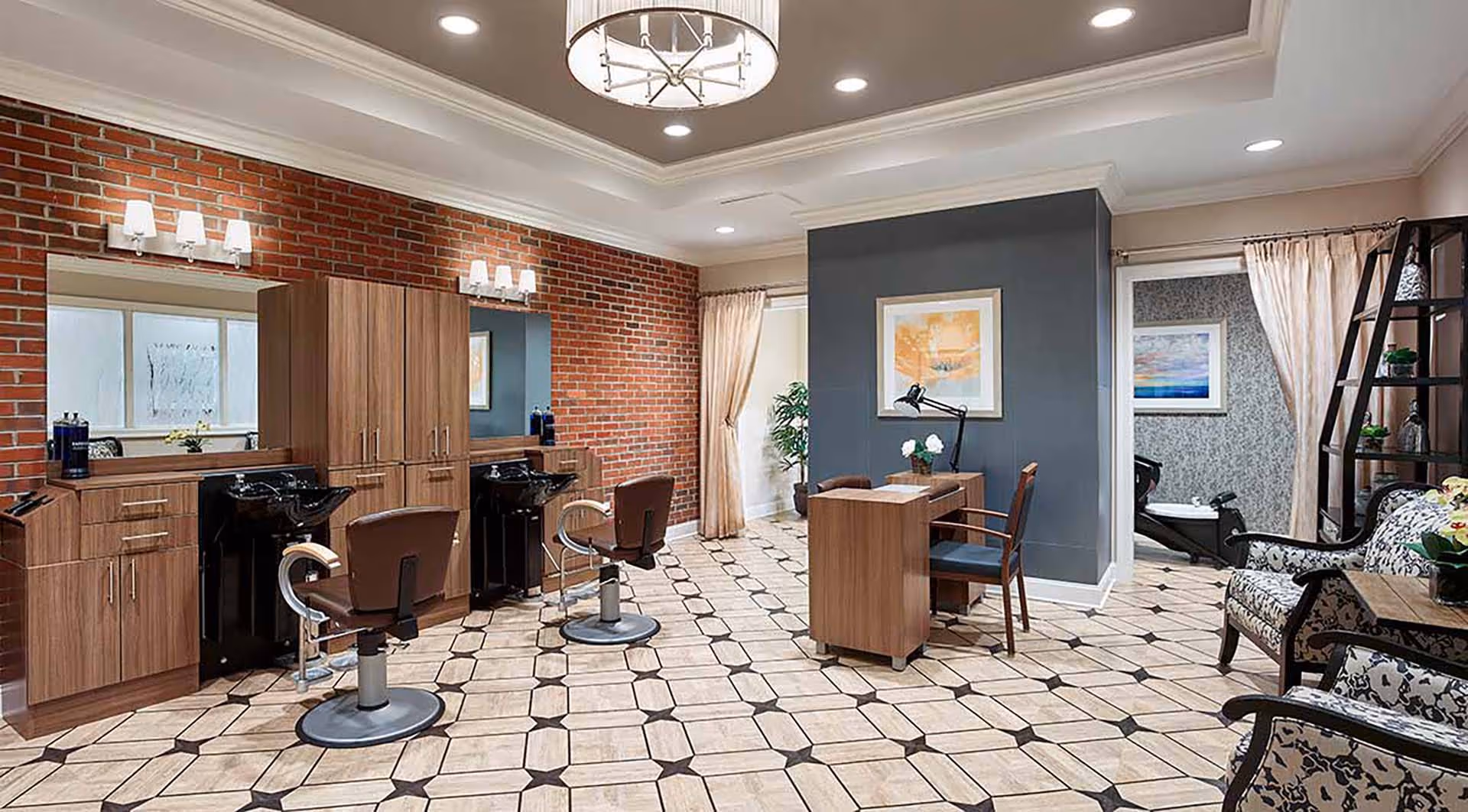 Interior salon area with styling chairs and wash basins, a reception desk, patterned tile floor and seating in a senior living facility.