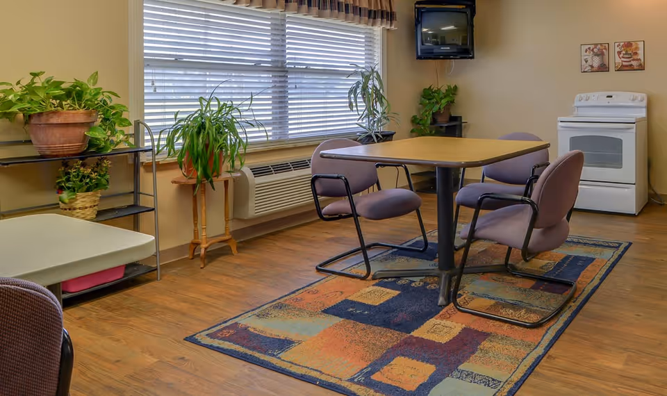 A small community dining area with a table and four chairs on a colorful rug, potted plants, window blinds, and a stove in the corner.