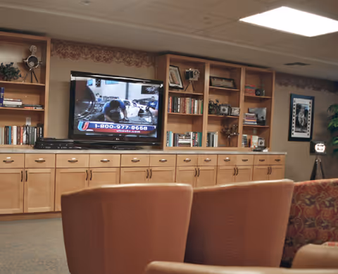 A cozy living room area with wooden built-in shelves filled with books, cameras, and decorative items. A flat-screen TV is mounted on the wall displaying a commercial. In the foreground, there are brown leather chairs and a patterned sofa. The room has a carpeted floor and a ceiling with recessed lighting.