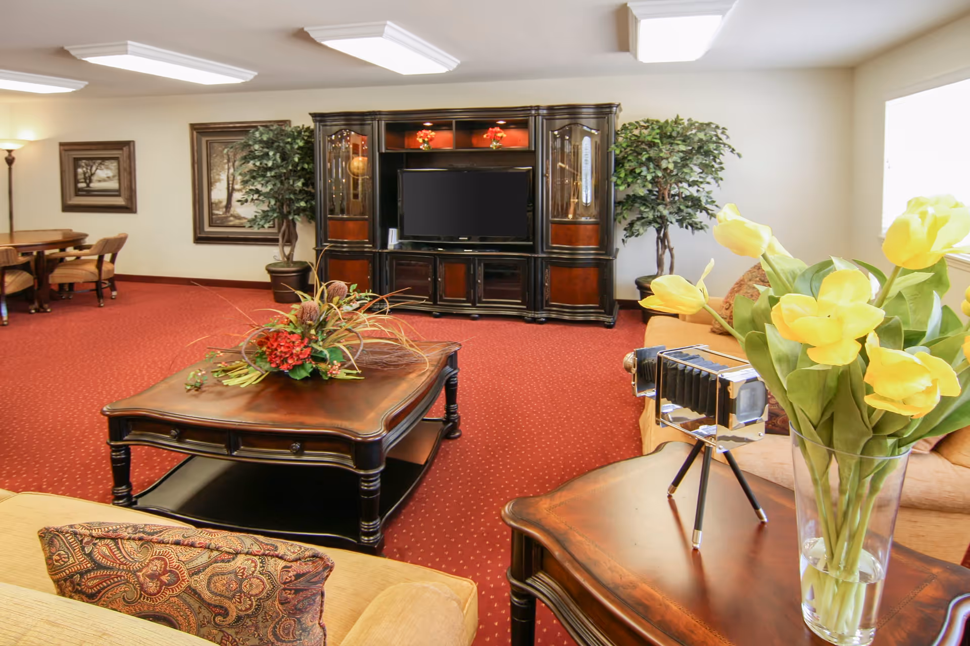 A cozy living room with red carpet, beige sofas, a wooden coffee table with a floral arrangement, a wooden entertainment center with a TV, two potted plants, framed artwork on the walls, and a side table with a vase of yellow tulips and a decorative vintage camera.