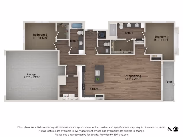 Top-down floor plan rendering of a two-bedroom apartment with a garage, kitchen island, open living/dining area, two bathrooms and a patio.