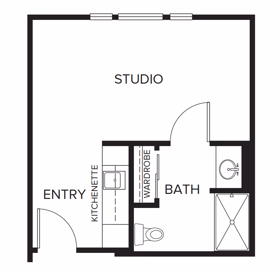 Floor plan layout of a studio apartment at Carmel Village showing an entry area with kitchenette, a studio living space, a wardrobe, and a bathroom with a toilet, sink, and shower.