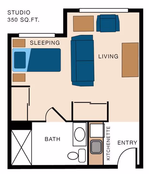Floor plan of a 350 square foot studio apartment at Sapphire at Valley View, showing designated areas for sleeping with a bed, living with a sofa and chair, a bathroom with a shower, toilet, and sink, a kitchenette with a sink and counter, and an entry door.