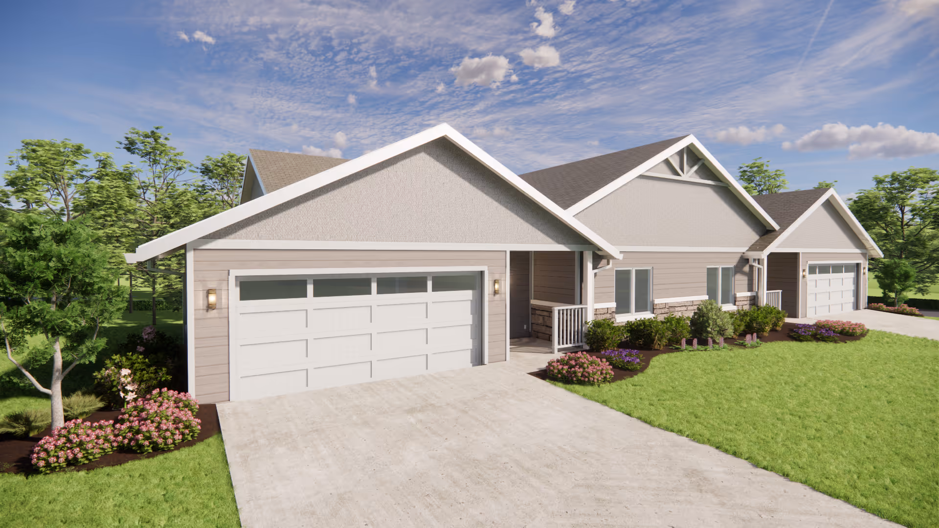 Single-story modern ranch-style building with attached garages, driveway and landscaped front lawn under a partly cloudy sky.