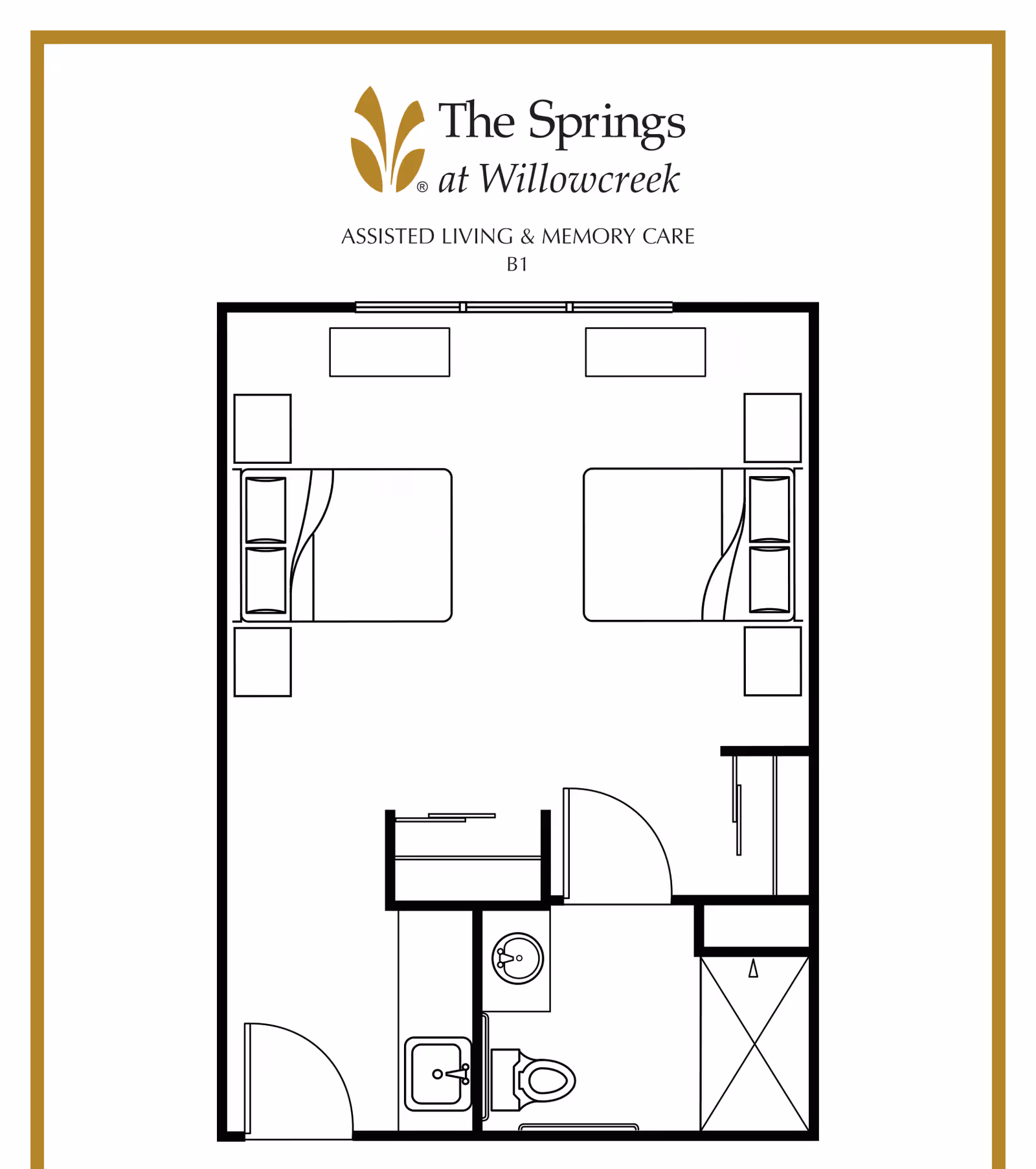 Floor plan layout of an assisted living and memory care unit at The Springs at Willowcreek, showing two beds, two nightstands, two dressers, a bathroom with a toilet, sink, and shower, and an entry door.