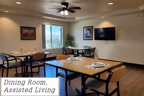 A dining room in an assisted living facility with several tables and chairs arranged neatly. Each table is set with placemats, plates, glasses, and utensils. The room has a ceiling fan with lights, a window with a view outside, framed artwork on the walls, a flat-screen TV mounted on the wall, and a potted plant in the corner.