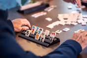 Two elderly individuals playing a tile-based game at a table, with one person's hands visible holding tiles and the other person's hands resting on the table near the game pieces.