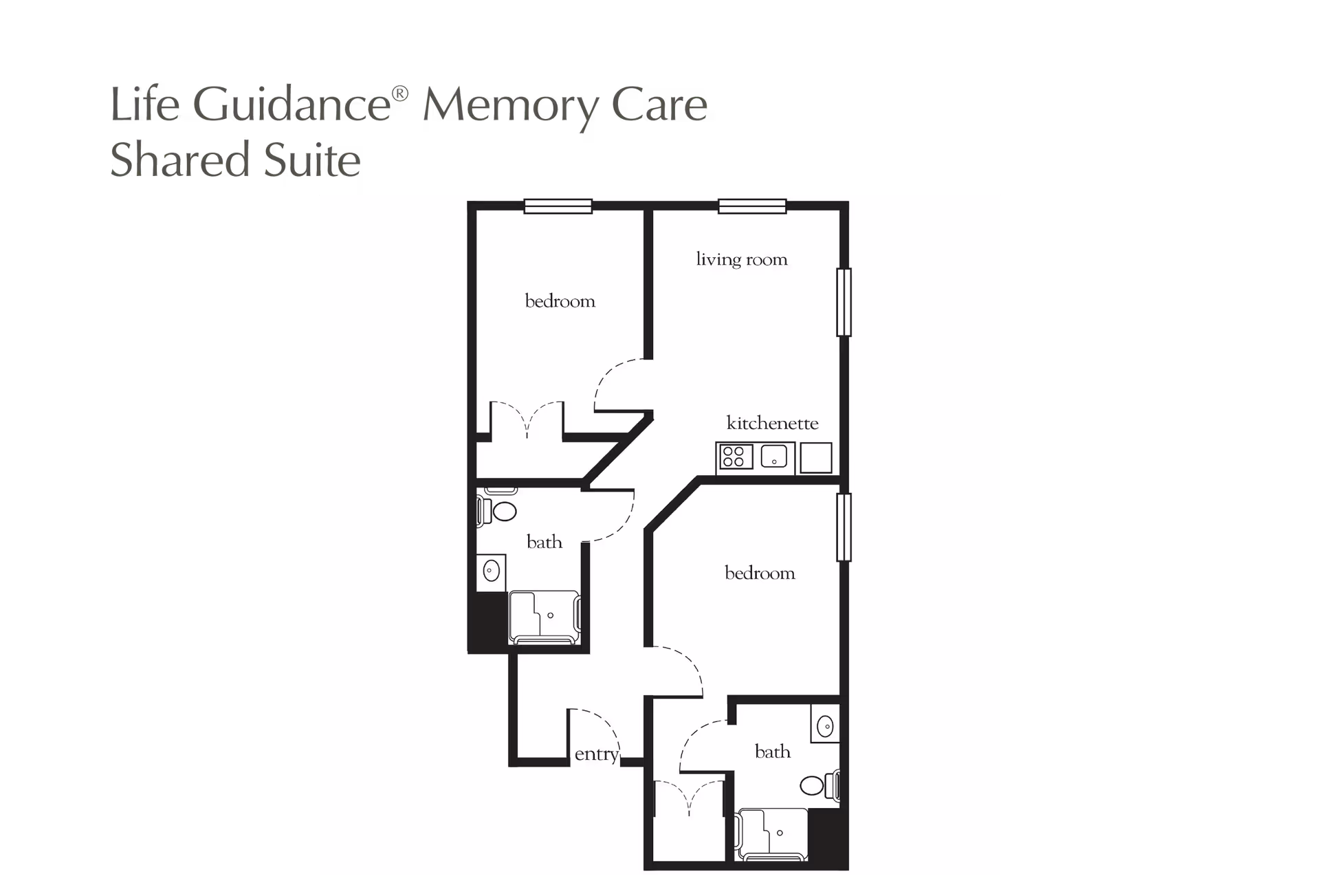 Floor plan of a Life Guidance Memory Care Shared Suite at Atria Fairhaven, showing two bedrooms, two bathrooms, a living room, a kitchenette, and an entry area.