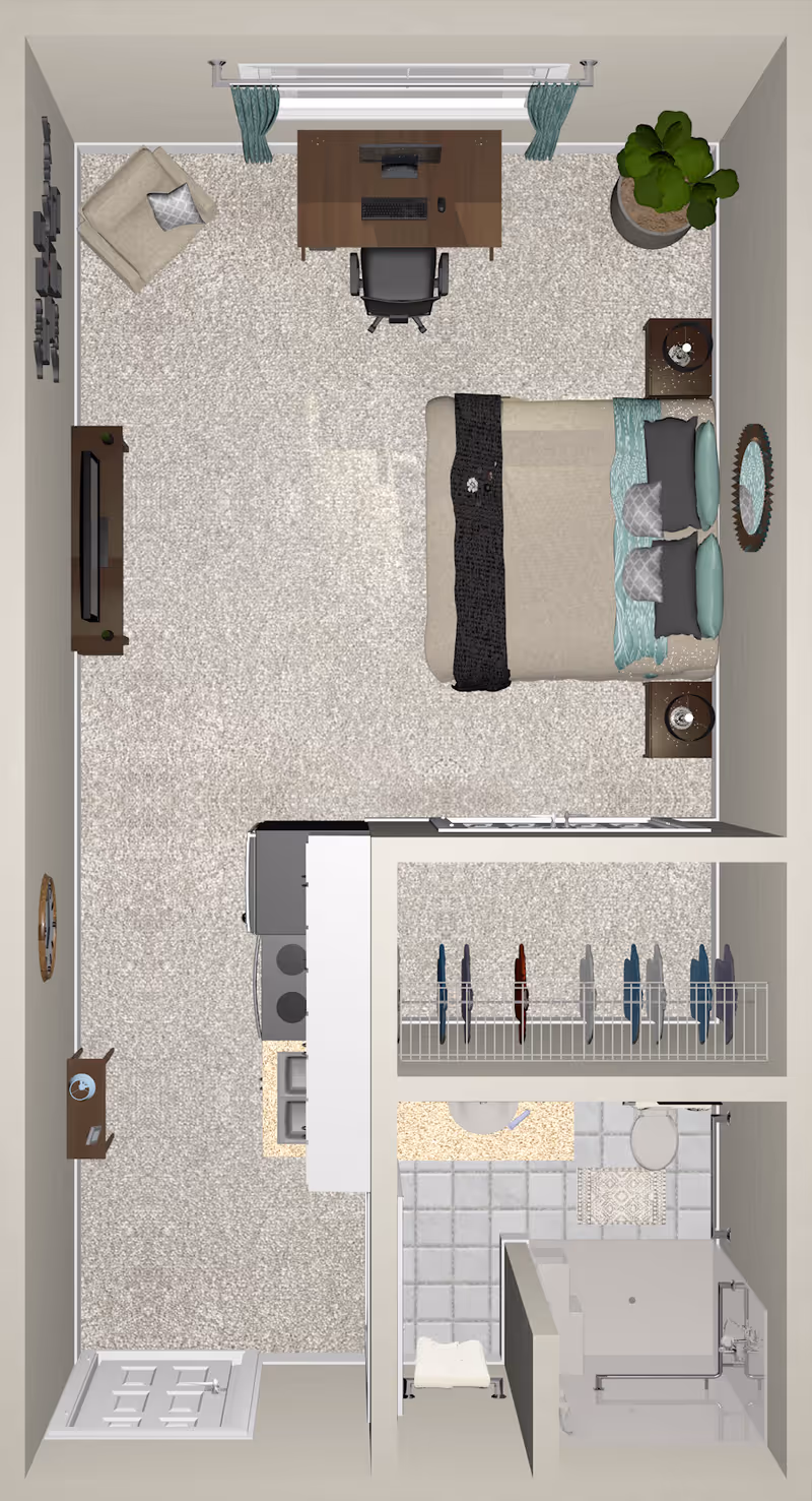 Top-down view of a senior living facility room featuring a bed with pillows and blankets, two nightstands with lamps, a desk with a computer and office chair near a window with curtains, an armchair, a TV mounted on the wall, a small kitchen area with a stove and sink, a closet with hanging clothes, and a bathroom with a toilet, sink, and shower.