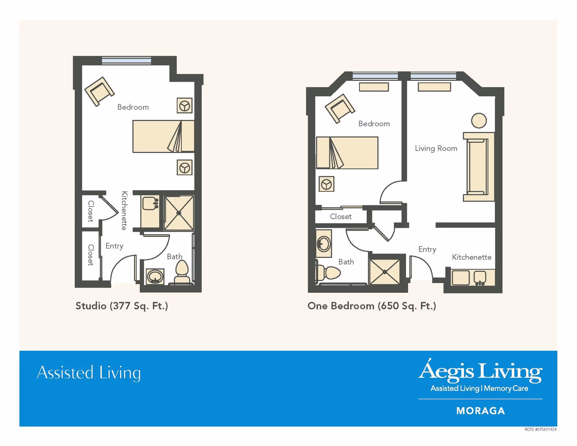 Two illustrated floor plans for assisted living units labeled Studio (377 Sq. Ft.) and One Bedroom (650 Sq. Ft.) showing rooms, kitchenette, and bathroom layouts.