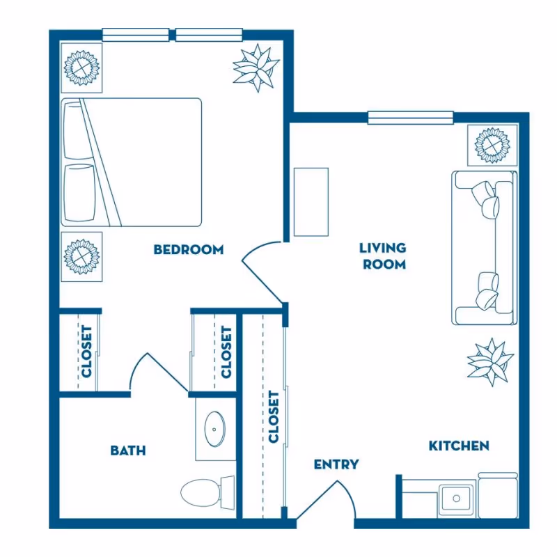 One-bedroom apartment floor plan illustrating a bedroom, living room, kitchen, bathroom, entry, and several closets.