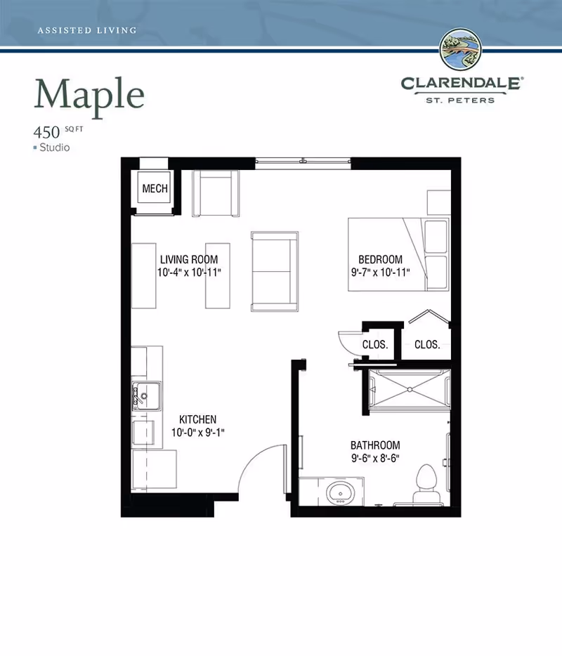 Floor plan of a studio apartment named Maple at Clarendale of St. Peters showing a living room, kitchen, bedroom, bathroom, and closets with dimensions.