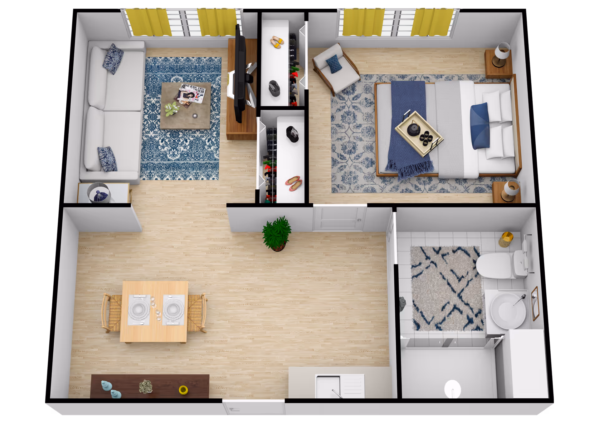 Top-down view of a one-bedroom apartment floor plan featuring a living room with a sofa, coffee table, and TV, a bedroom with a bed, armchair, and nightstands, a dining area with a table set for two, and a bathroom with a toilet, sink, and shower.