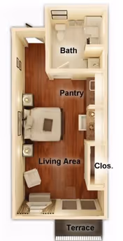 Top-down floor plan of a senior living studio apartment showing labeled areas including Bath, Pantry, Living Area, Closet, and Terrace. The layout includes a bed, two nightstands, a chair, a kitchenette, and a bathroom.