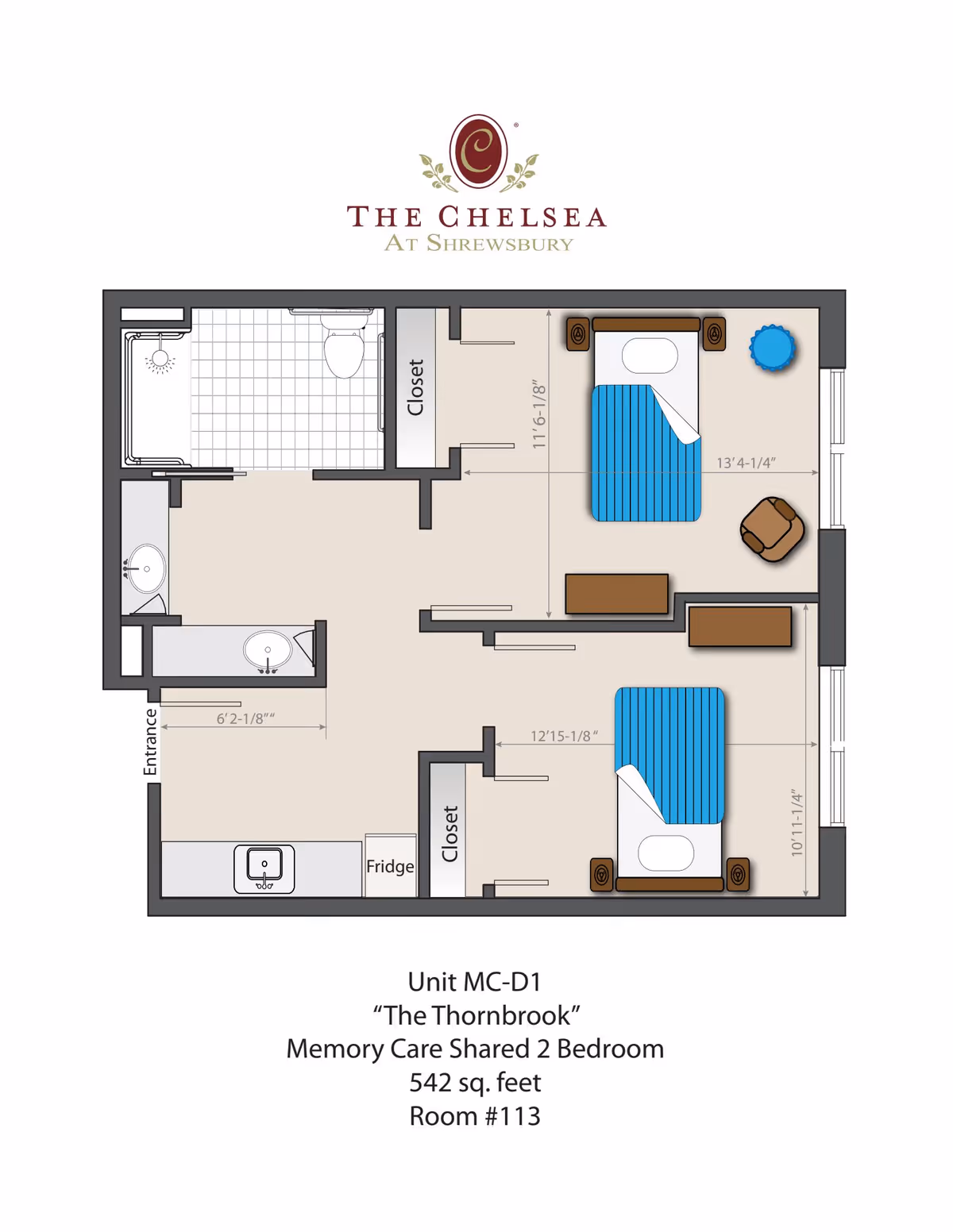 Floor plan of a memory care shared 2-bedroom unit named 'The Thornbrook' at The Chelsea at Shrewsbury. The layout includes two bedrooms each with a bed, nightstands, and seating, two closets, a bathroom with a shower and toilet, a small kitchen area with a sink and fridge, and an entrance area. Dimensions of rooms and closets are marked.