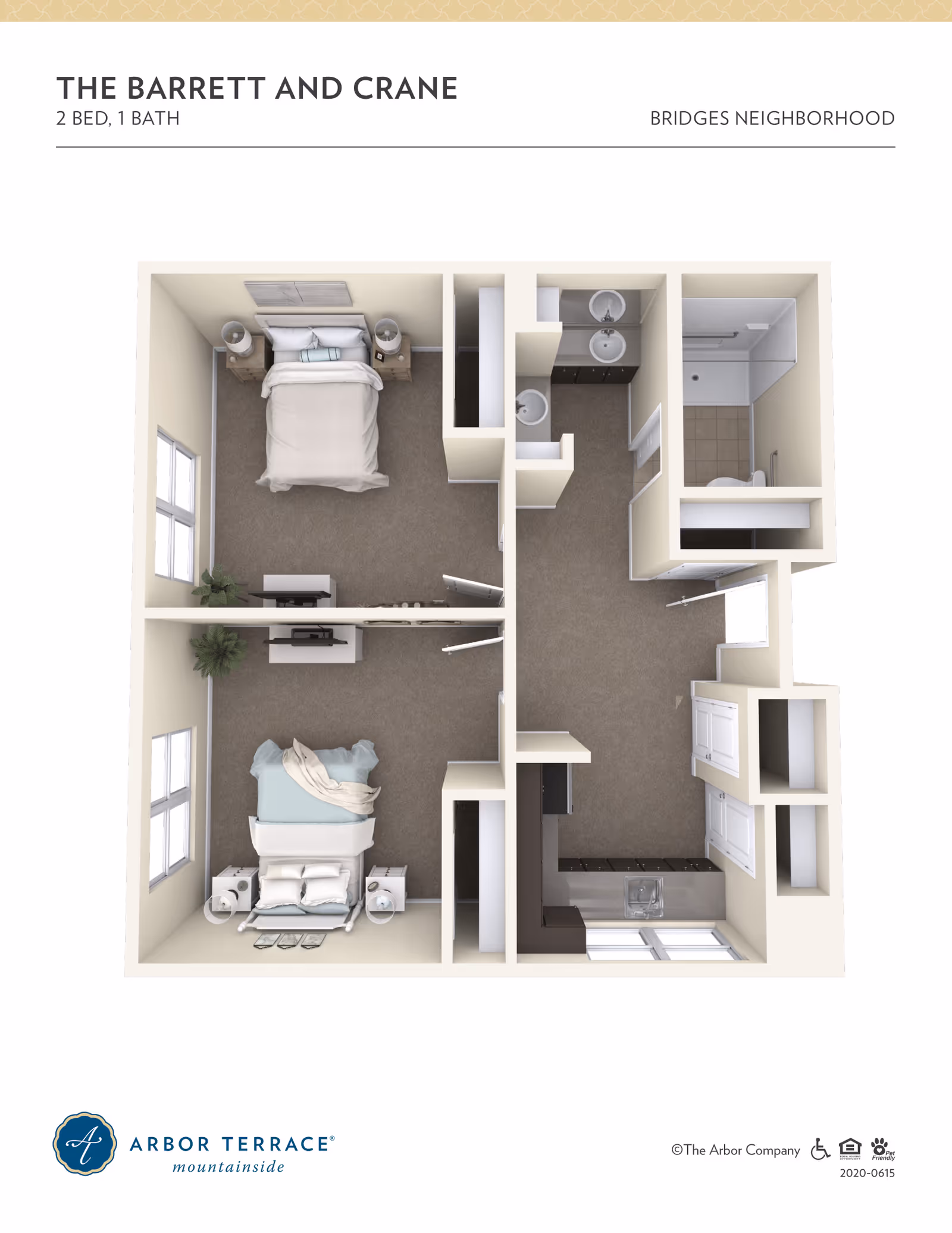 3D floor plan of The Barrett and Crane apartment at Arbor Terrace Mountainside, showing a 2 bedroom, 1 bathroom layout in the Bridges Neighborhood. The layout includes two bedrooms, a bathroom with a shower, a kitchen area with cabinets and a sink, and an open living space.