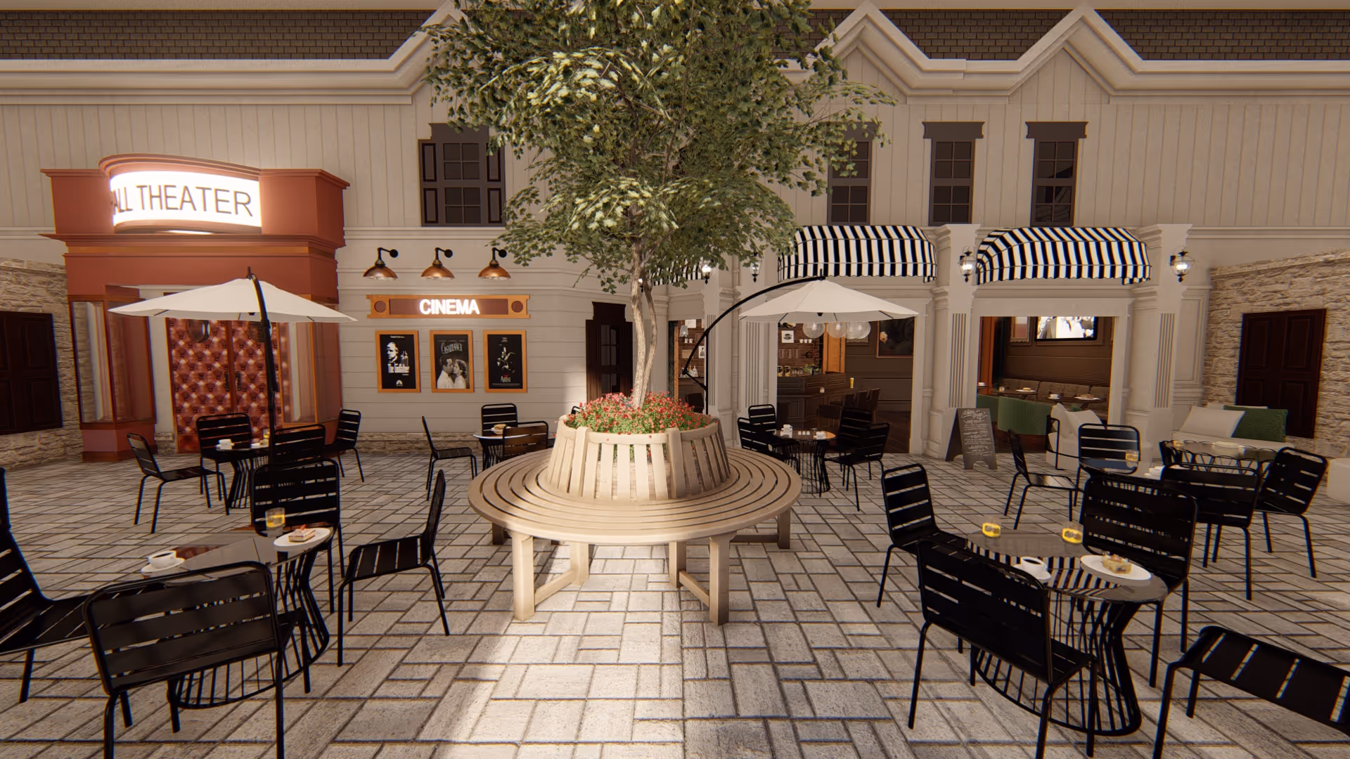 Outdoor courtyard area with multiple black metal tables and chairs arranged around a central circular wooden bench that surrounds a tree with flowers. There are umbrellas over some tables, and a building facade in the background with a sign reading 'CINEMA' and another sign partially visible reading 'THEATER'. The building has striped awnings over windows and doors.
