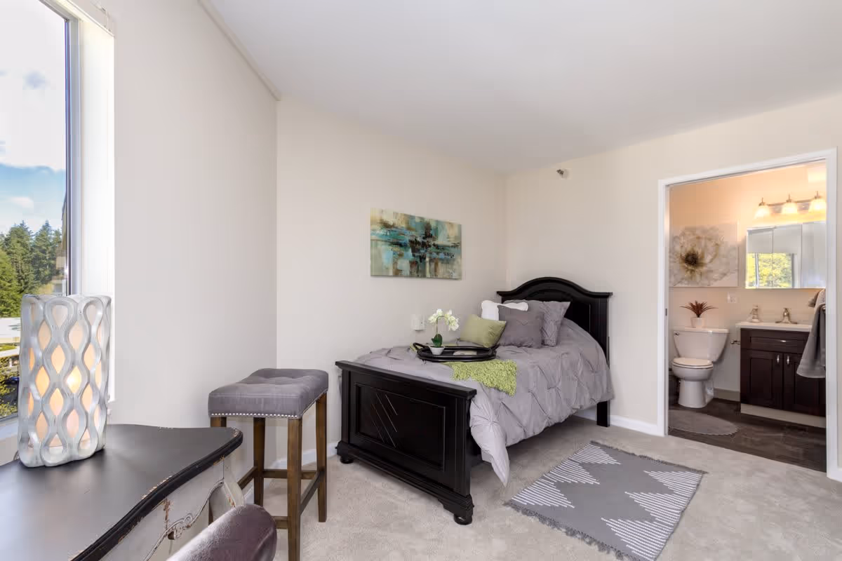 Sunlit bedroom with a black wooden single bed dressed in gray bedding, a small seating area, and an en-suite bathroom visible through an open door.