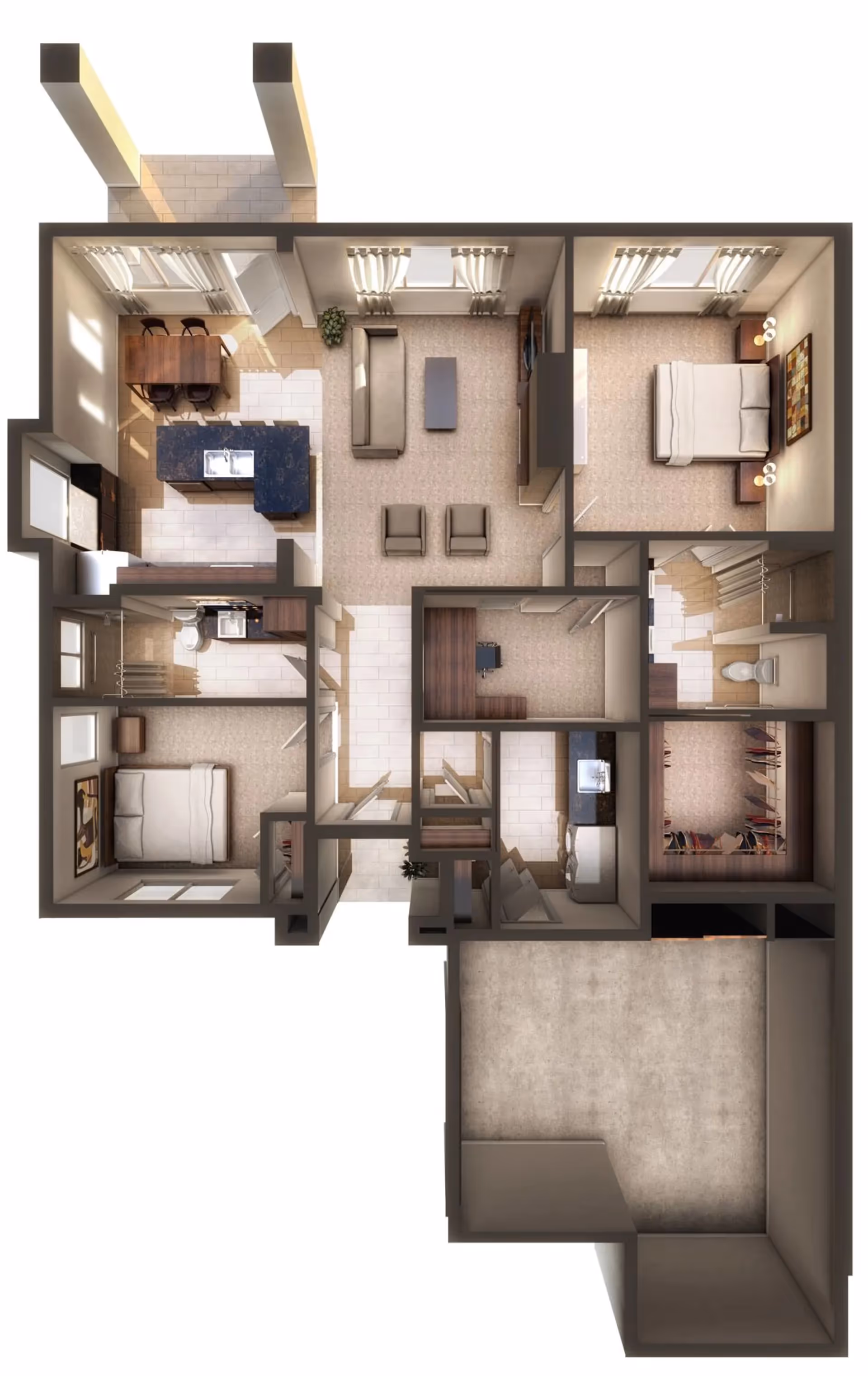 3D floor plan of an apartment featuring two bedrooms, a living room with sofa and chairs, a kitchen with dining table, two bathrooms, a walk-in closet, a laundry area, and a garage.