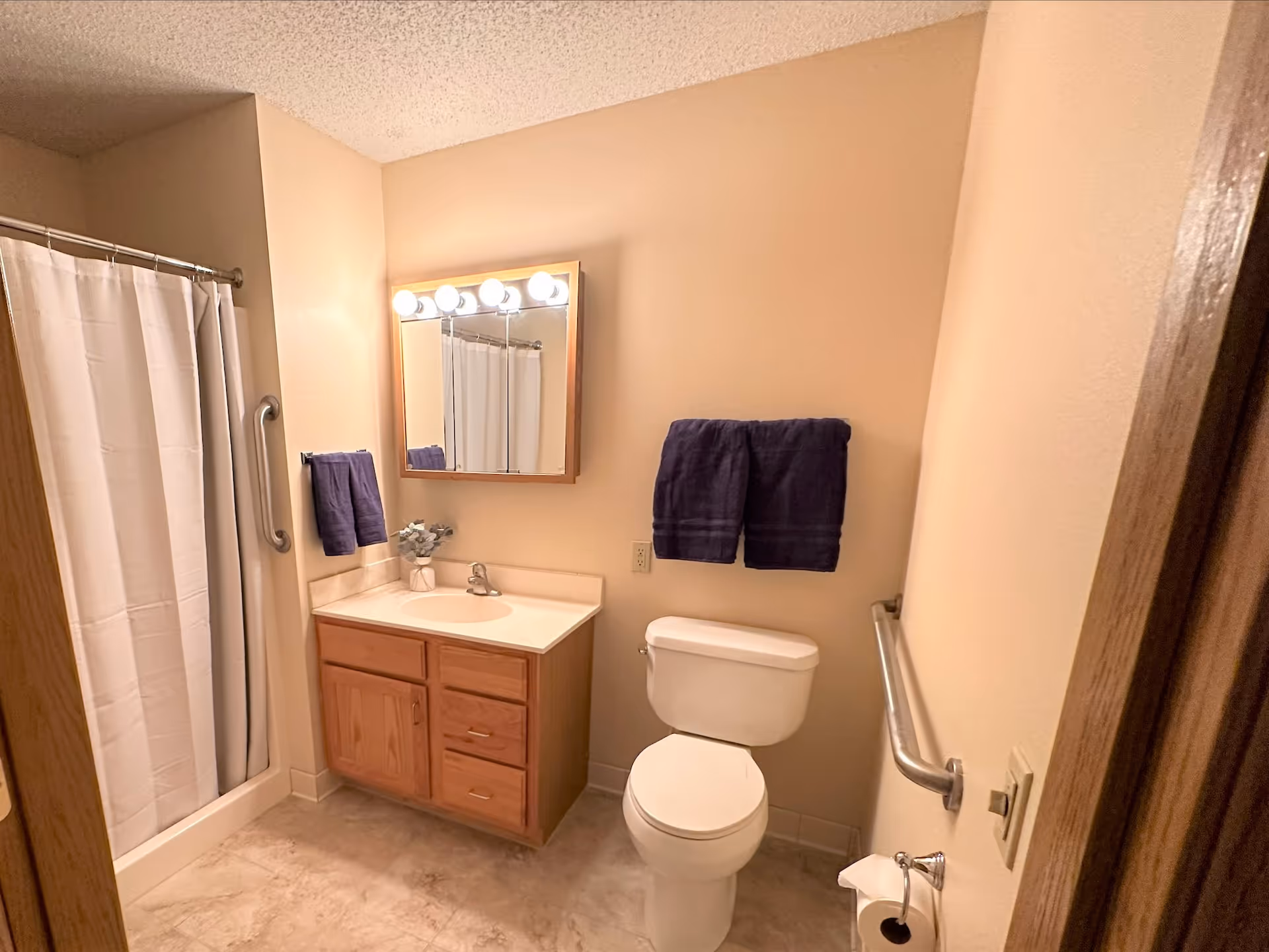A clean senior living bathroom with a white toilet, a wooden vanity with a sink, a mirror with lights above it, a shower with a white curtain, and grab bars on the walls. Two dark blue towels hang on the wall above the toilet.