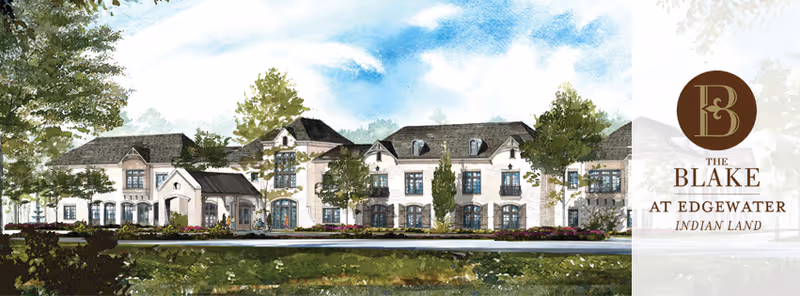 Artistic rendering of a multi-story building facade with landscaping and a branded logo for The Blake at Edgewater on the right.