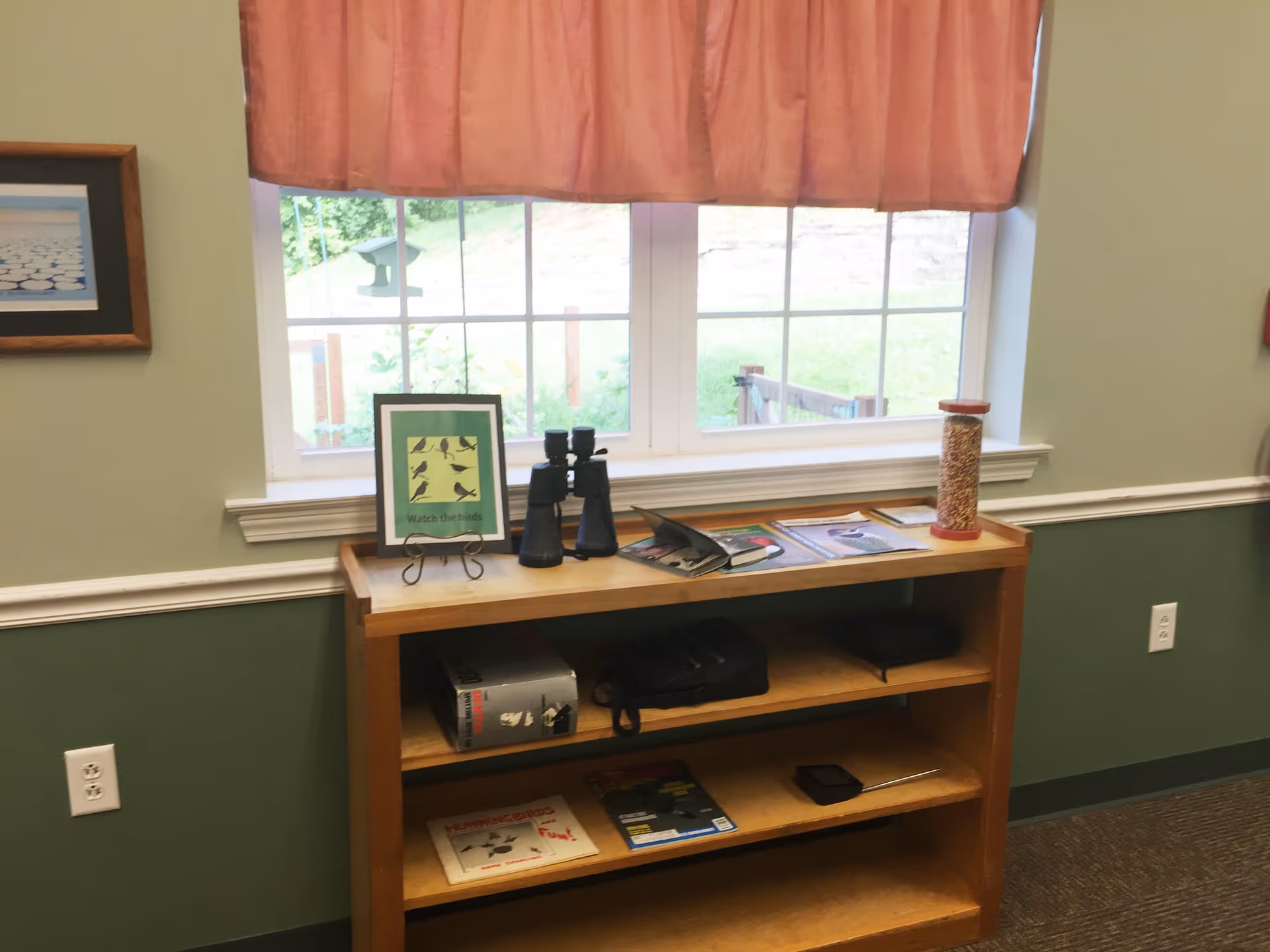 A wooden bookshelf placed against a wall beneath a window with orange curtains. On top of the bookshelf are binoculars, a framed picture with birds and the text 'Watch the birds', a tall container filled with birdseed, and some magazines. The wall is painted green on the lower half and light beige on the upper half, with a white chair rail molding separating the two colors. There is a framed picture on the left wall and electrical outlets visible on the wall.