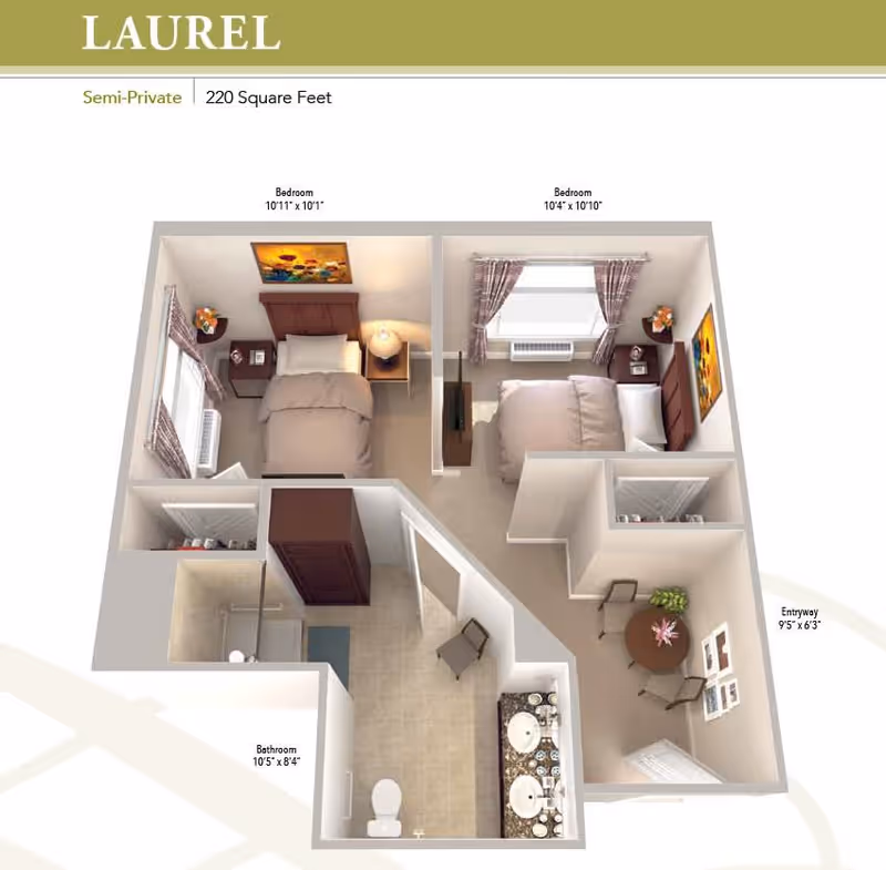 3D floor plan of a semi-private senior living apartment named Laurel with 220 square feet. The layout includes two bedrooms, each furnished with a bed, nightstand, and window. There is a bathroom with a toilet and shower, a double sink vanity area, and an entryway with a small round table and two chairs.