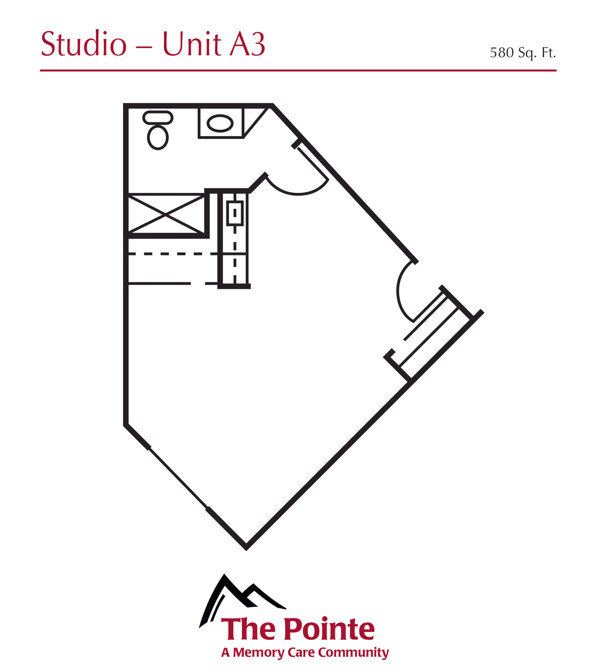 Schematic floor plan on a black background labeled 'Studio – Unit A3' showing a studio apartment layout with 'The Pointe A Memory Care Community' branding.