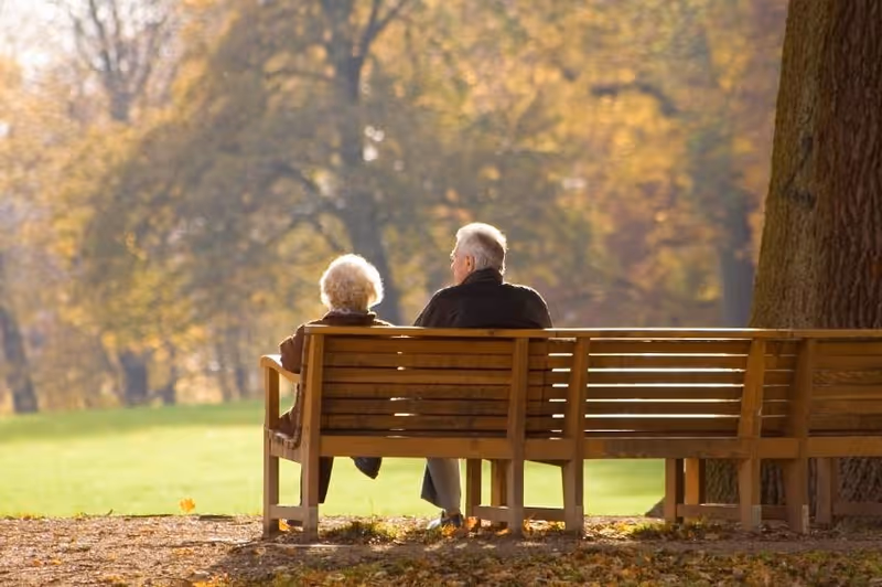 An elderly couple sitting on a wooden bench in a park during autumn, surrounded by trees with fall foliage and a grassy area.