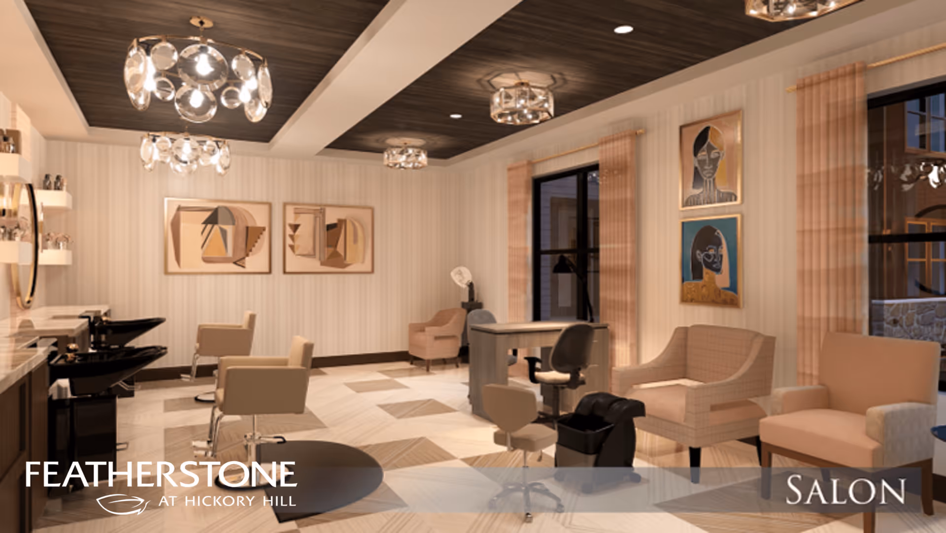 A modern salon interior with beige and brown tones, featuring salon chairs, hair washing stations, a manicure table, comfortable armchairs, abstract wall art, and decorative ceiling lights.