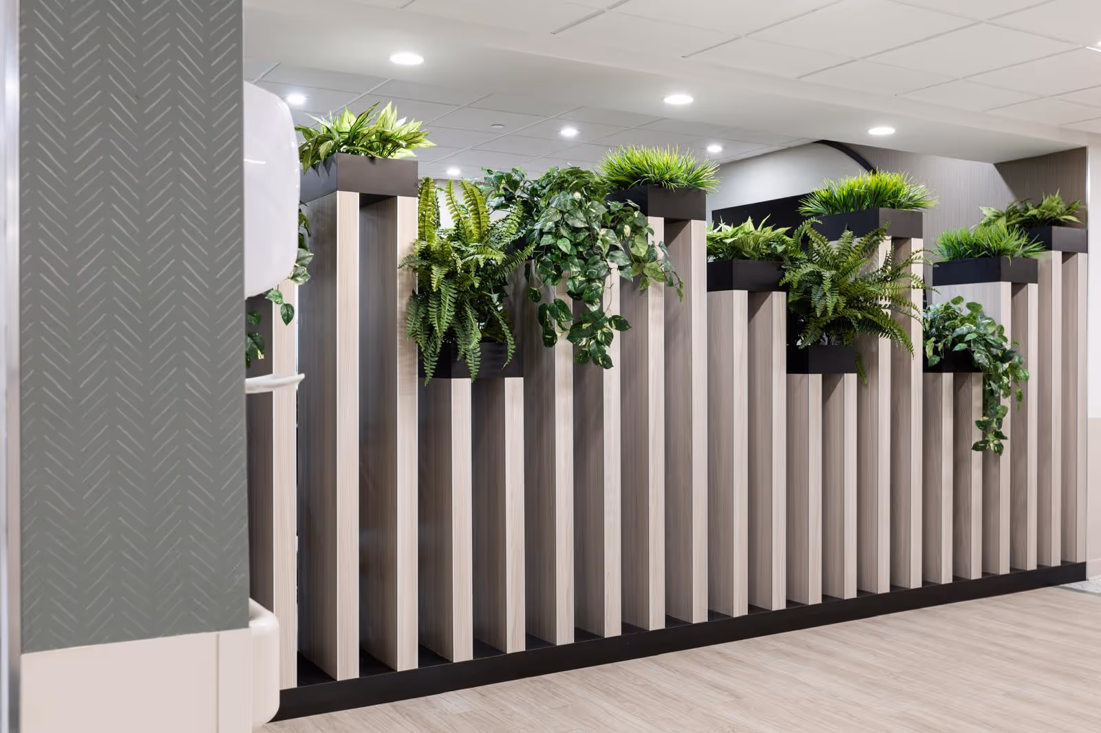 Modern interior space featuring a decorative wooden partition with vertical slats and multiple green plants in black planters placed on top. The ceiling has recessed lighting and the floor is light-colored wood.
