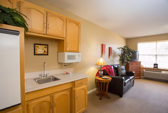 Interior view of a senior living facility room at Bradfield Terrace featuring a small kitchenette with wooden cabinets, a sink, and a microwave. Adjacent to the kitchenette is a cozy living area with a black leather loveseat, a wooden side table with a lamp, decorative wall art, a potted plant, a wooden dresser, a television, and a large window letting in natural light.