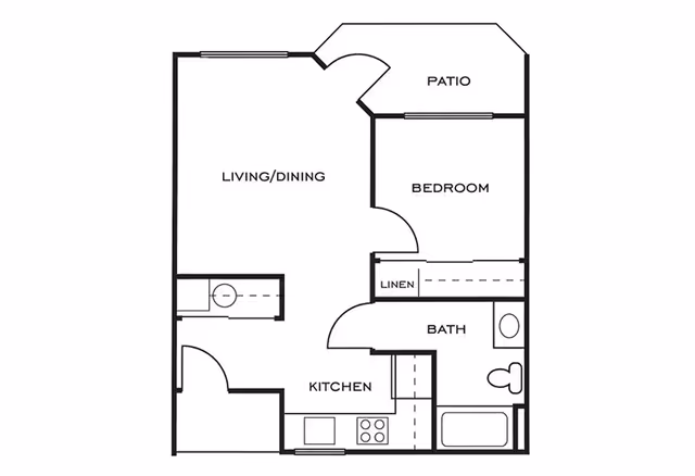 Black-and-white floor plan of a one-bedroom apartment showing a living/dining area, kitchen, bedroom, bathroom with tub, linen closet and patio.
