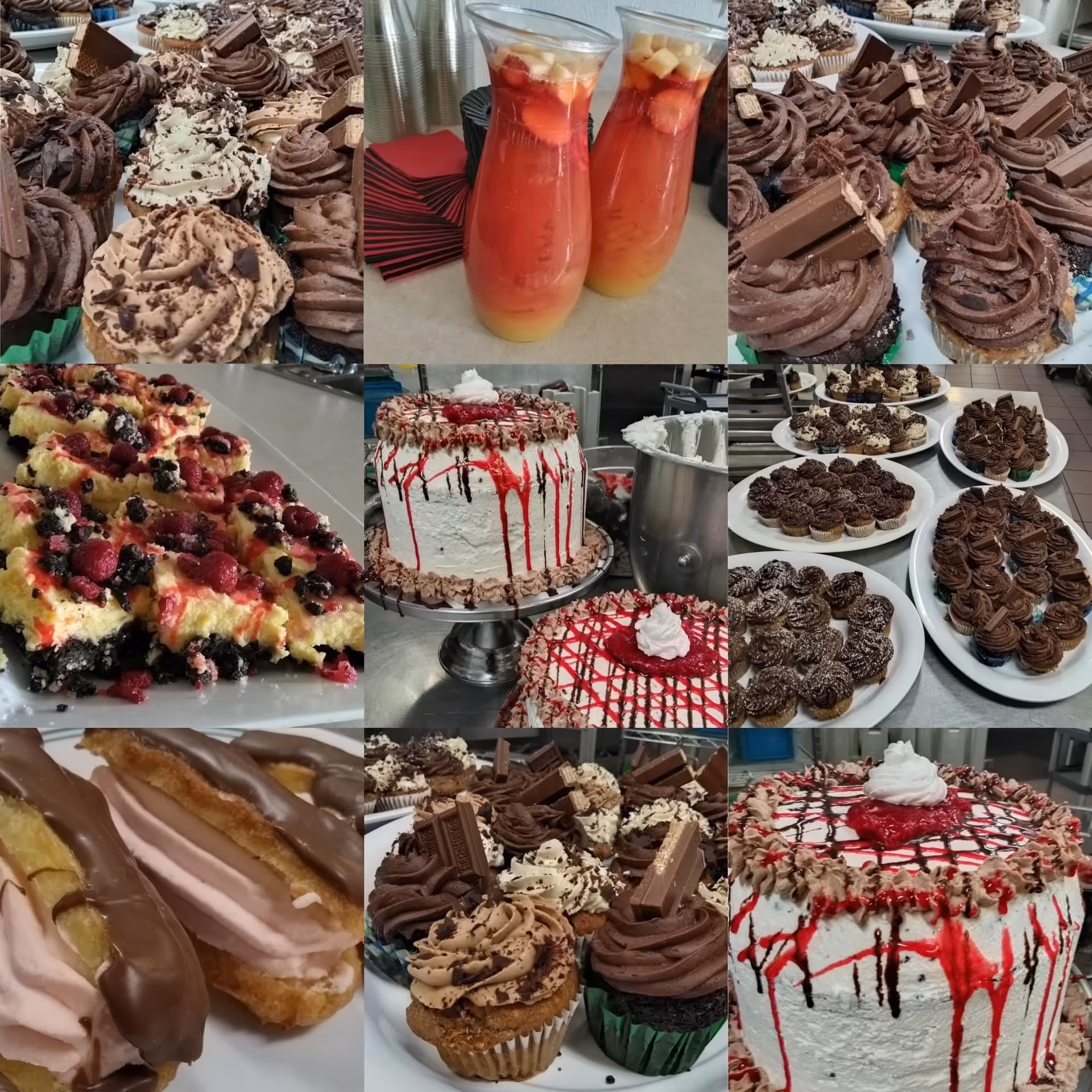 A collage of various desserts and beverages including cupcakes with chocolate and cream frosting topped with chocolate bars, layered cakes with whipped cream and red drizzle, berry-topped dessert bars, chocolate eclairs with pink filling, and two glasses of fruit-infused drinks with red and yellow layers. The desserts are displayed on plates and trays in a kitchen or serving area.