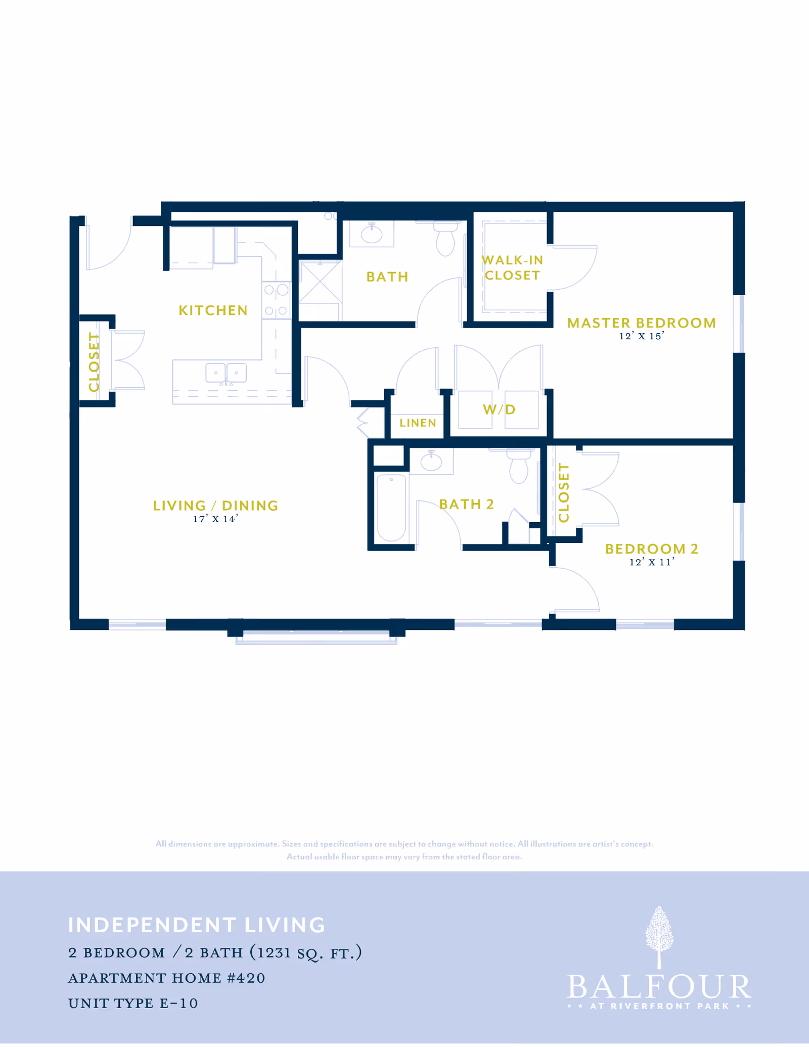Floor plan of an independent living apartment with 2 bedrooms and 2 bathrooms. The layout includes a kitchen, living/dining area, master bedroom with walk-in closet, second bedroom, two bathrooms, linen closet, and washer/dryer area. Dimensions for living/dining area and bedrooms are provided.