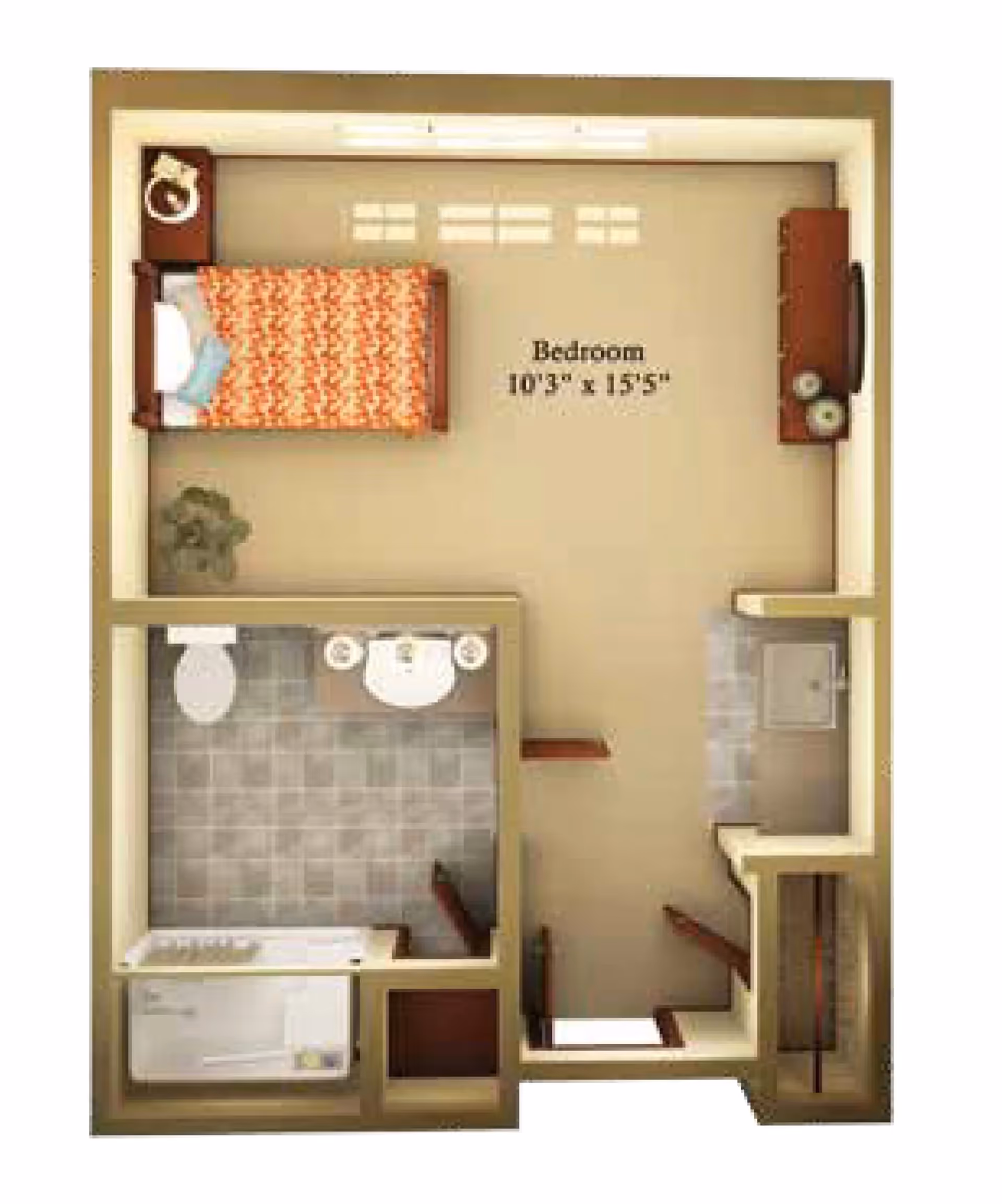 Top-down floor plan of a one-bedroom unit showing a bedroom with bed and dresser, adjacent bathroom with tub and sink, and entry/closet areas.