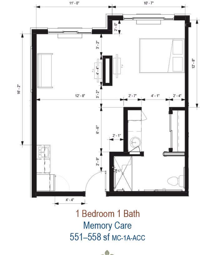 Architectural floor plan of a 1 bedroom, 1 bath memory care apartment unit showing dimensions and layout including living area, kitchen, bedroom, bathroom, and closet spaces.