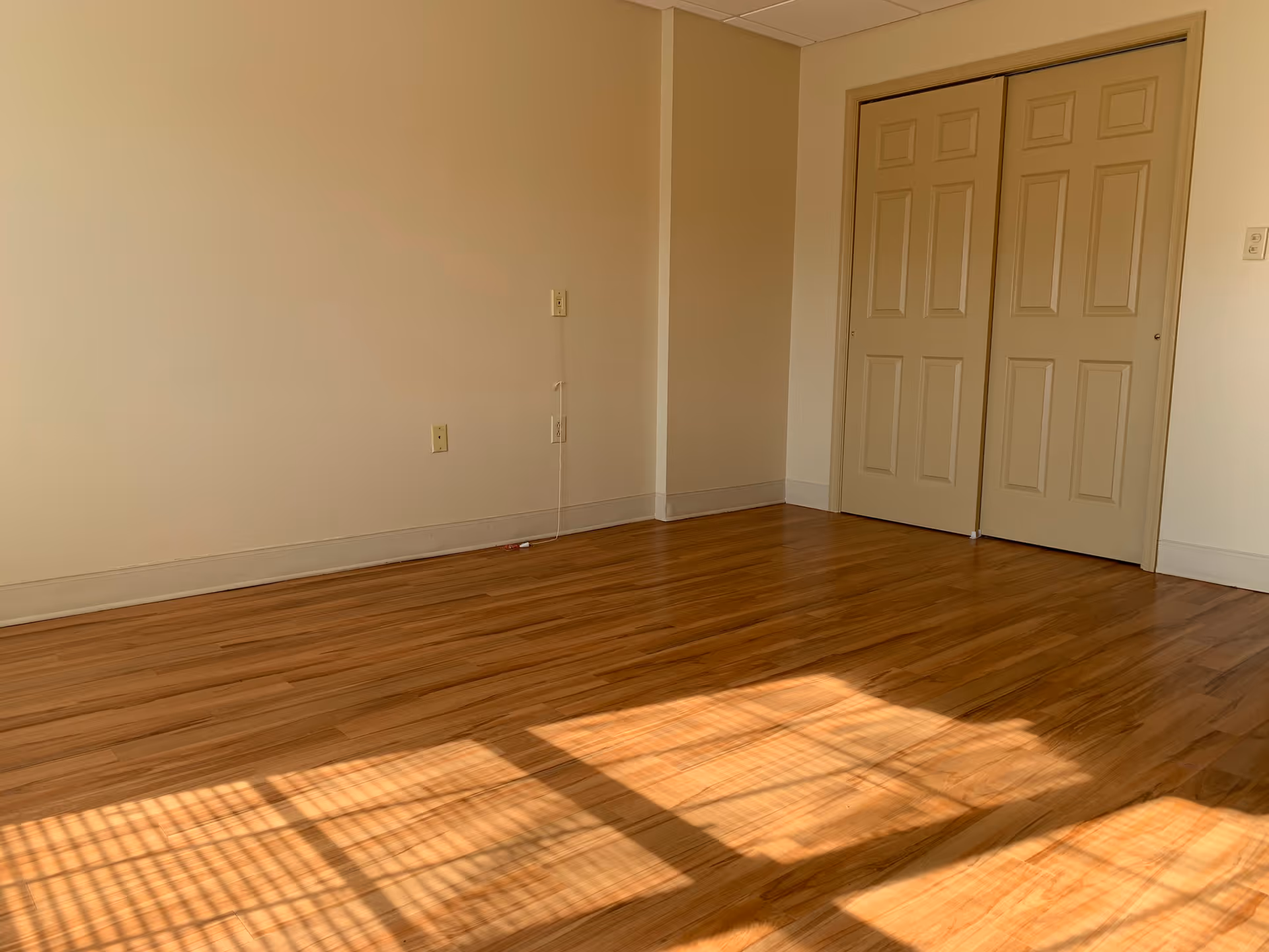 Empty room with light wood flooring, beige walls, and a closed double-door closet. Sunlight casts shadows on the floor through a window.