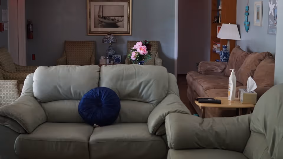 A cozy living room with two green sofas and a brown couch. There is a round blue pillow on the front sofa. A small wooden side table next to the brown couch holds a bottle of lotion, a tissue box, and a TV remote. The room has decorative elements including a framed picture of a sailboat, a table lamp with a blue and white base, a vase with pink flowers, and wall art. The walls are painted light blue and there are additional chairs and shelves in the background.