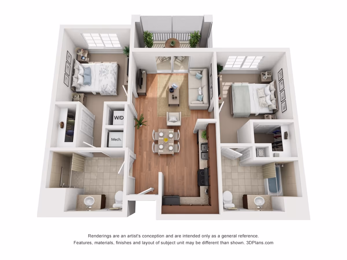 3D floor plan of a two-bedroom apartment featuring a living room with a sofa, armchair, coffee table, and TV, a dining area with a table and four chairs, a kitchen with appliances and countertops, two bedrooms each with a bed and nightstands, two bathrooms with sinks, toilets, and a shower or bathtub, a washer/dryer closet, a mechanical closet, and a balcony with outdoor seating and plants.