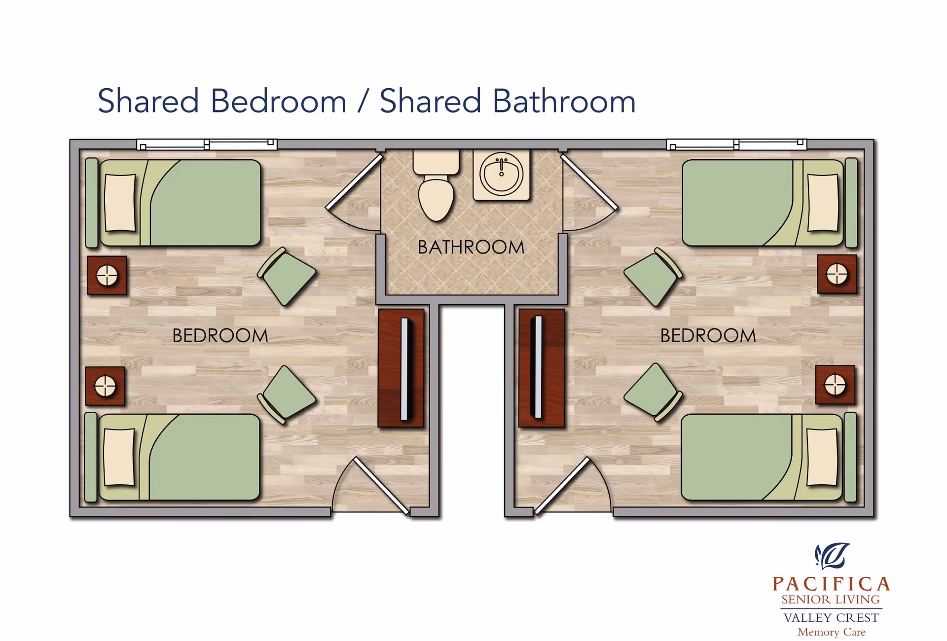 Floor plan showing a shared bedroom and shared bathroom layout. Two bedrooms, each with two beds, two chairs, and two nightstands, are positioned on either side of a centrally located bathroom with a toilet and sink. The bathroom is accessible from both bedrooms.