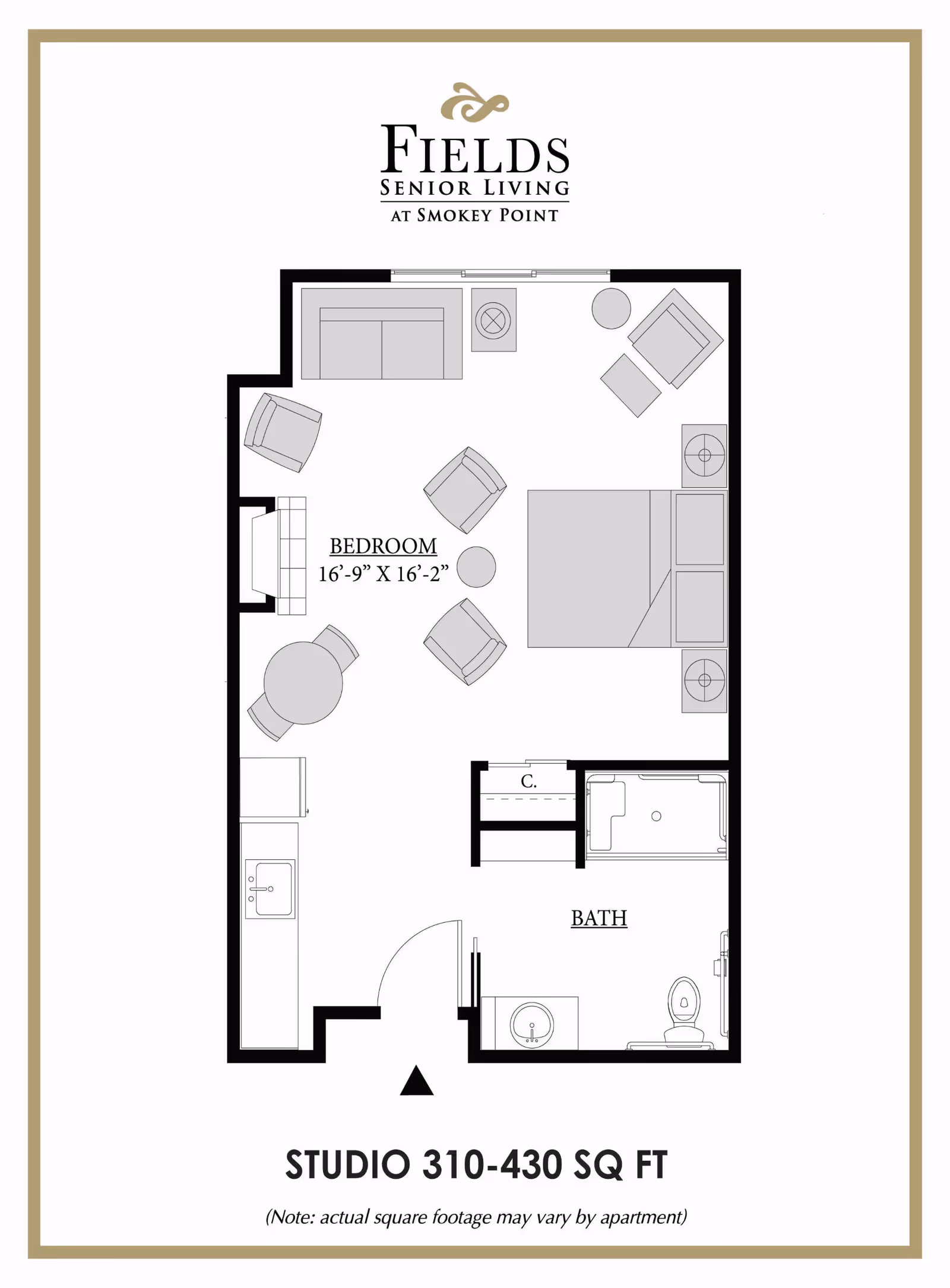 Floor plan of a studio apartment at Fields Senior Living at Smokey Point showing a bedroom area with a bed, chairs, sofa, table, and a bathroom with a sink, toilet, and bathtub. The bedroom measures 16 feet 9 inches by 16 feet 2 inches. The total studio size ranges from 310 to 430 square feet.