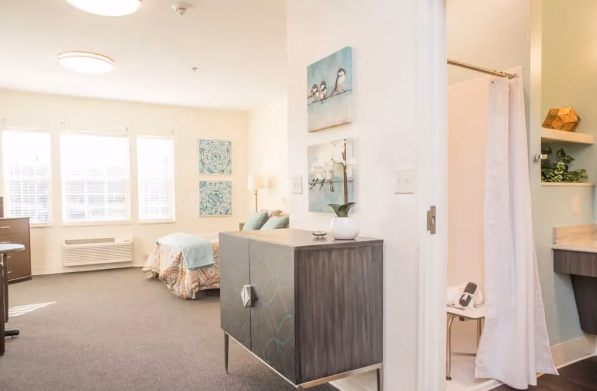 A bright and airy senior living bedroom with a bed covered in a patterned bedspread and light blue throw, a dark wooden cabinet with decorative items on top, and a bathroom with a shower and white curtain visible to the right. The room has large windows with white blinds, light-colored walls, and artwork featuring birds and abstract designs.