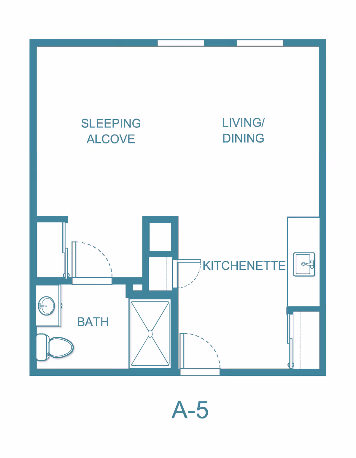 Floor plan layout labeled A-5 showing a sleeping alcove, living/dining area, kitchenette, and bathroom with a toilet, sink, and shower.