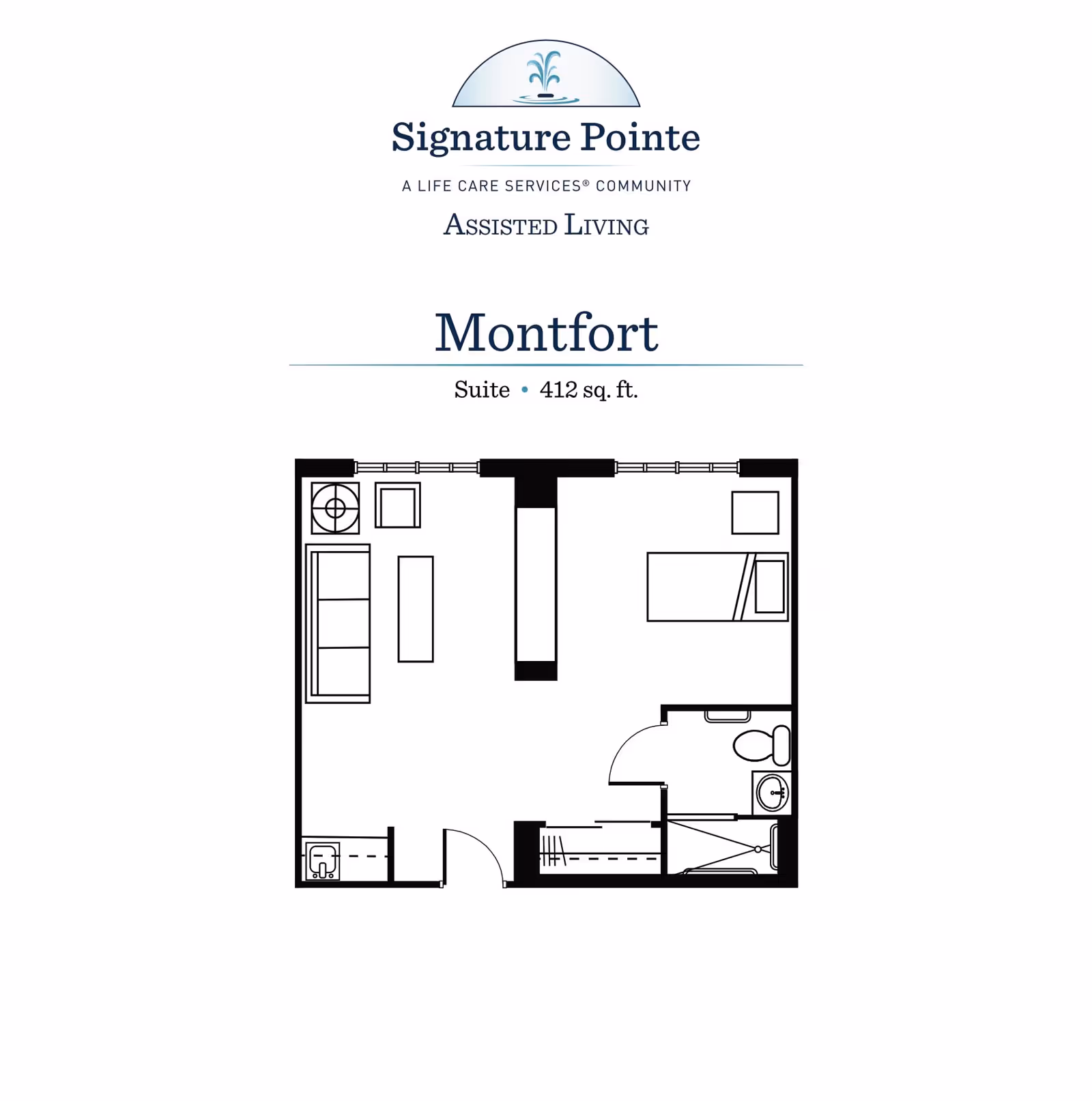 Floor plan layout of the Montfort suite at Signature Pointe Assisted Living, showing a 412 square feet space with a living area, bedroom, bathroom, and kitchenette.