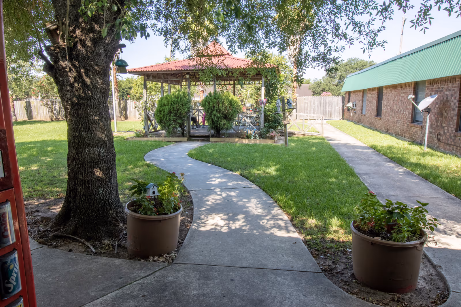 A sunny outdoor garden area at San Jacinto Manor with a curved concrete pathway leading to a gazebo surrounded by greenery. There are two large potted plants on either side of the pathway and a large tree on the left. A brick building with a green roof is visible on the right side.