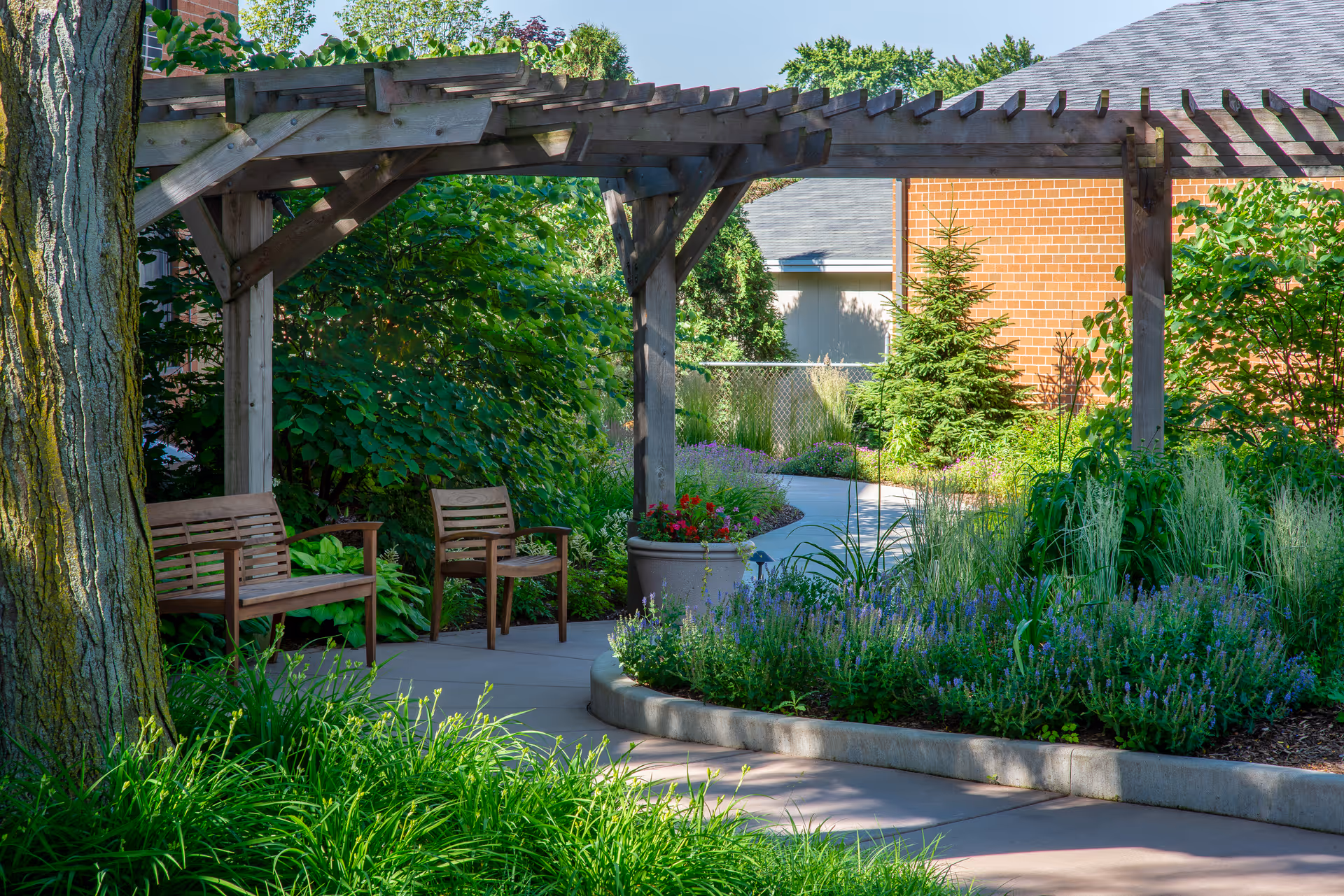 A peaceful outdoor garden area with a wooden pergola, two wooden benches, lush green plants, purple flowers, and a paved walkway. A brick building and a chain-link fence are visible in the background under a clear blue sky.
