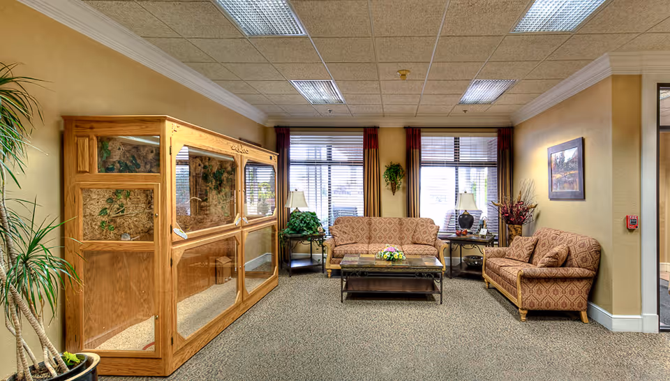 A cozy living room area with two patterned sofas, a glass coffee table with a flower arrangement, two side tables with lamps, large windows with blinds and curtains, a wooden display cabinet with plants inside, a potted plant in the corner, and a framed picture on the wall.
